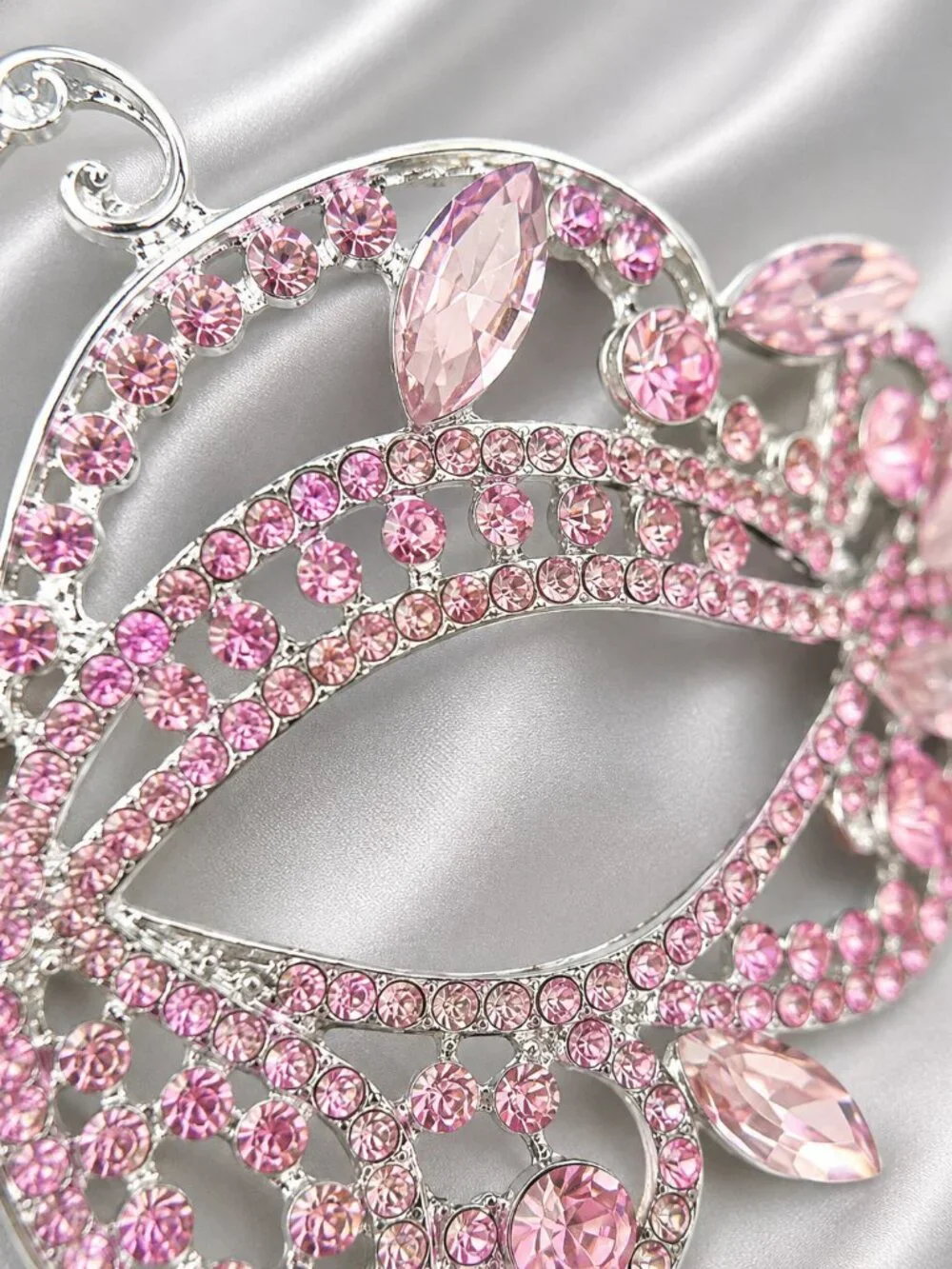 Pink Crystal Masquerade Mask with Silver Stick,Wedding Photo Prop, Prom Mask